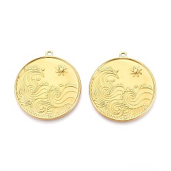 Настоящее золото 18K 304 подвески из нержавеющей стали, плоский круглый с подвеской в виде солнца и волны, ионное покрытие (ip), реальный 18 k позолоченный, 38.5x35x1.5 мм, отверстие : 2 мм