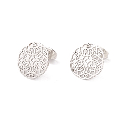Platinum 304 Stainless Steel Studs Earrings, Round with Floral Pattern, for Women, Platinum, 13.5mm, Pin: 0.8mm