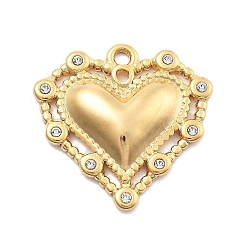 Настоящее золото 18K 304 из нержавеющей стали горный хрусталь подвески, вакуумное покрытие pvd, сердце, реальный 18 k позолоченный, 21x21.5x3.5 мм, отверстие : 1.7 мм