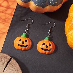 Оранжевый 304 серьги-подвески в форме тыквы из нержавеющей стали и непрозрачной смолы, Хэллоуин тема, цвет нержавеющей стали, оранжевые, 50x26 мм