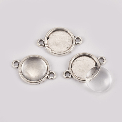 Античное Серебро Создание ссылок, с настройками разъема для кабошонов из сплава и прозрачными стеклянными кабошонами, плоско-круглые, античное серебро, настройка разъема: 25x17x2 мм, отверстие : 2 мм, лоток: 14 мм, стекло кабошона: 13.5~14x4 мм, 2 шт / комплект
