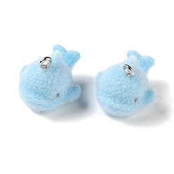 Whale Pendentifs en résine opaque floquée sur le thème de l'océan, avec boucle en fer platine, charme de baleine, 15x18x21mm, Trou: 2mm