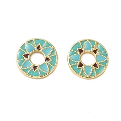 Темный Голубой Латунь эмаль бисера, без свинца и без кадмия, долговечный, плоские круглые с цветком, реальный 18 k позолоченный, темные голубые, 11x1.5 мм, отверстие : 3.5 мм
