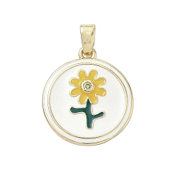 Белый Латунные микро проложить кубического циркония подвески, плоские круглые с цветком, с эмалью, стойки покрытие, долговечный, без свинца и без кадмия, реальный 18 k позолоченный, белые, 22.5x20x3 мм, отверстие : 2.5x5.5 мм