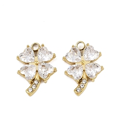 Прозрачный 304 из нержавеющей стали стеклянные подвески, клевер, ионное покрытие (ip), ручная полировка, реальный 18 k позолоченный, прозрачные, 14x10x3 мм, отверстие : 1.6 мм