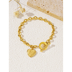 Letter E 304 Браслеты из нержавеющей стали в форме сердца с подвеской в виде буквы, Браслеты из овальных звеньев цепи для женщин, золотые, Письмо E, 7.28 дюйм (18.5 см)