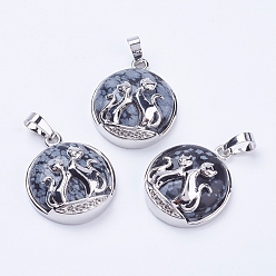 Снежный Обсидиан Естественно снежинка обсидиана подвески, с латунной фурнитурой , плоские круглые с лисой, платина, 28~29x23~24x9~10 мм, отверстие : 5x7 мм