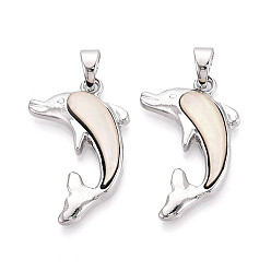 Кремово-белый Подвески из сплава и окрашенных натуральных раковин морского ушка, прелести дельфинов, платина, кремово-белые, 30~30.5x19~19.5x4 мм, отверстие : 6.5x4 мм