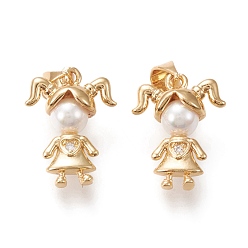 Настоящее золото 18K Латунные микропаве прозрачные подвески с фианитом, с жемчугом из раковины , долговечный, девушка, реальный 18 k позолоченный, 17x12.5x6.5 мм, отверстие : 4.5x3.5 мм