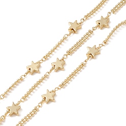 Real 14K Gold Plated Brass Star Link Chains, with Ball Chains, Soldered, with Spools, Cadmium Free & Lead Free, Real 14K Gold Plated, 8.5x8.5x3mm, 19.5x3x1.5mm