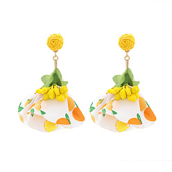 Желтый Серьги-гвоздики с цветком из сплава ткани, золотые, с рафией, желтые, 87x25 мм