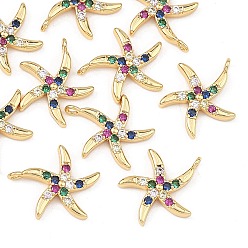 Real 18K Gold Plated SHEGRACE Brass Colorful Cubic Zirconia Charms, Starfish Charms, Cadmium Free & Lead Free & Nickel Free, Real 18K Gold Plated, 13x11.5x2mm, Hole: 1mm