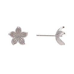 Platinum Rhodium Plated 925 Sterling Silver Stud Earring Findings, For Half Drilled Beads, with 925 Stamp, Flower, Platinum, 11x12mm, Pin: 0.7mm