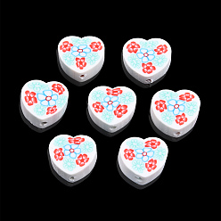 Blanco Abalorios de la arcilla de polímero hechos a mano, corazón con la flor, blanco, 9x10x4.5 mm, agujero: 1.2 mm