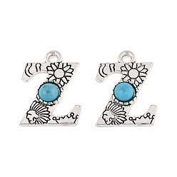 Letter Z Подвески из синтетической бирюзы и сплавов, письмо амулеты, античное серебро, Письмо Z, 24x18x4 мм, отверстие : 3 мм