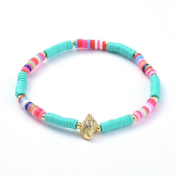 Medium Turquoise Handmade Polymer Clay Heishi Bead Stretch Bracelets, with Conch Shape Brass Clear Cubic Zirconia Beads and Round Brass Beads, Medium Turquoise, 2-1/4 inch(5.7cm)