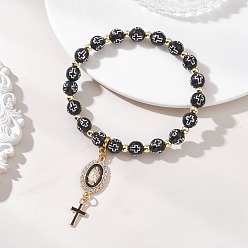 Черный Религиозные браслеты из эмалированного сплава в форме овала с подвесками в виде Девы Марии и креста., браслеты из синтетического гематита с немагнитными бусинами, покрытыми акрилом и методом гальванического покрытия, для женщин., чёрные, внутренний диаметр: 2.24 дюйм (5.7 см)