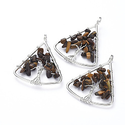 Тигровый глаз Долговечные латунные подвески, проволочные подвесные подвески, с естественными чипами для тигра, Треугольник с деревом, платина, 39~40x30~31x4~8 мм, отверстие : 4.5 мм