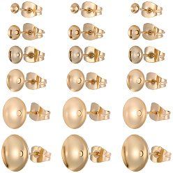 Real 18K Gold Plated 48Pcs 6 Styles Brass Stud Earring Findings, Flat Round, with Cabochon Settings, Cadmium Free & Nickel Free & Lead Free, Long-Lasting Plated, Real 18K Gold Plated, 12.5x3mm, Pin: 0.7mm