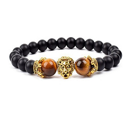 Золотой Браслеты из натуральных матовых круглых бусин, Натуральные окрашенные бусины из тигрового глаза и сплава с тигровыми подвесками для мужчин и женщин, золотые
