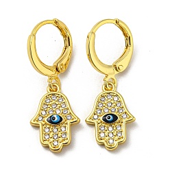 Midnight Blue Real 18K Gold Plated Brass Dangle Leverback Earrings, with Enamel and Cubic Zirconia, Hamsa Hand with Evil Eye, Midnight Blue, 28.5x10mm