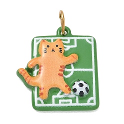 Orange Printed 304 Stainless Steel Pendants, Cat Shape with Football Charms, Golden, Orange, 21x19x3mm, Hole: 4.5mm