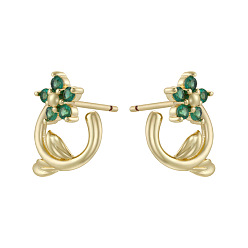 Зеленый Серьги-гвоздики из латуни с кубическим цирконием ко Дню святого Валентина, цветок, золотые, зелёные, 13.5x12 мм