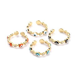 Mixed Color Brass Micro Pave Clear Cubic Zirconia Cuff Rings, Open Rings, with Enamel, Evil Eye, Golden, Mixed Color, US Size 7 1/4(17.5mm)