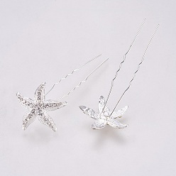 Crystal Wedding Bridal Alloy Hair Forks, with Rhinestone, Starfish/Sea Stars, Crystal, 73~74mm, Pin: 1.3mm, Starfish/Sea Stars: 27~28x4mm