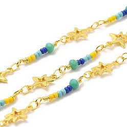 Golden Brass Star Handmade Beaded Chains, with Glass Beads, with Spool, Unwelded, Golden, 12~21x3.5~8x1.5~3.5mm, about 32.81 Feet(10m)/Roll