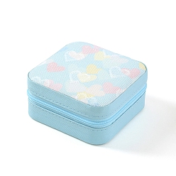 Sky Blue Heart Printed PU Imitation Leather Jewelry Storage Zipper Boxes, for Necklaces Bracelets Earrings Rings, Square, Sky Blue, 10x10x5cm