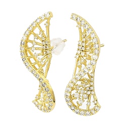 Real 18K Gold Plated DNA Sequences Shape Brass Micro Pave Cubic Zirconia Stud Earrings, Long-Lasting Plated, Lead Free & Cadmium Free, Real 18K Gold Plated, 31x10mm, Pin: 0.8x11mm