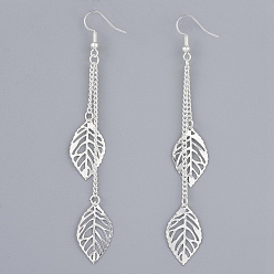 Silver Brass Dangle Earrings, with Iron Curb Chains and Brass Earring Hooks, Leaf, Silver Color Plated, 94~95mm, Pin: 0.6mm