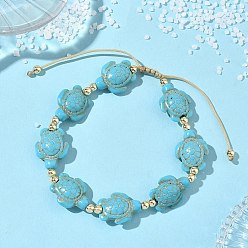 Бирюза Регулируемые браслеты из плетеных бусин из синтетической бирюзы и немагнитного гематита., Браслеты из плетеной нейлоновой веревки для женщин, черепаха, бирюзовые, внутренний диаметр: 1.97~3.15 дюйм (5~8 см)