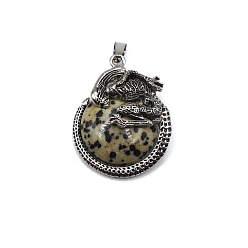 Dalmatian Jasper Natural Dalmatian Jasper  Pendants, with Antique Silver Alloy Finding, Flat Round with Skull Charms, 40x35mm