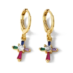 Разноцветный Латунные микро проложить серьги обруча кубического циркония, перекрестной, золотые, красочный, 26x20 мм