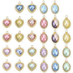 Mixed Color 28Pcs 14 Style Rack Plating Alloy Pendants, with Porcelain and ABS Plastic Imitation Pearl, Long-Lasting Plated, Golden, Oval & Heart, Mixed Color, 16~23.5x13~22x5.5~6mm, Hole: 2mm, 2pcs/style