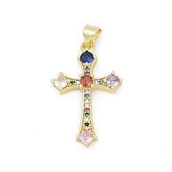 Cross Латунные микро проложить кубического циркония подвески, без свинца и без кадмия, долговечный, стойки покрытие, реальный 18 k позолоченный, крестик, 28.5x18x3.5 мм, отверстие : 3.5x5 мм