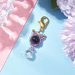 Тигровый глаз Подвеска в виде кошки из натурального тигрового глаза и стеклянных бусин, 304 подвески-застежки-лобстеры из нержавеющей стали для украшений сумок, 45.5 мм