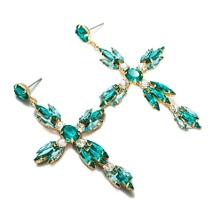 Blue Zircon Cross Alloy Rhinestone Dangle Stud Earrings for Women, Blue Zircon, 70x55mm