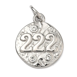 Нержавеющая Сталь Цвет Текстурированные 304 подвески из нержавеющей стали, плоский круглый с подвеской в виде цифры 2, со стразами, цвет нержавеющей стали, 18x15x3 мм, Перейти кольцо: 5x0.8 мм, 3.4 мм внутренним диаметром