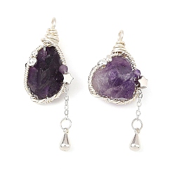 Plata Colgantes envueltos en alambre de cobre de amatista natural en bruto y en bruto, encantos de pepitas, plata, 41~44x15~18x9~14 mm, agujero: 3~3.5 mm