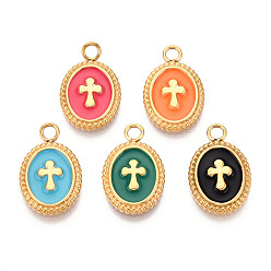 (52) Непрозрачная лаванда 304 подвески из нержавеющей стали, с эмалью, реальный 14 k позолоченный, овал с подвеской в виде креста, ионное покрытие (ip), разноцветные, 19x12x2 мм, отверстие : 2.2 мм
