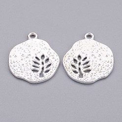 Silver Tibetan Style Alloy Pendants, Cadmium Free & Nickel Free & Lead Free, Flat Round with Leaf, Silver, 22x18x1mm, Hole: 1mm