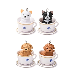 Собака Непрозрачные подвески смолы, с платиновыми тоновыми железными петлями, питомец для чайной чашки, собака, 32~34x27.5~28x26 мм, отверстие : 2 мм