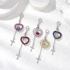 (52) Непрозрачная лаванда Подвеска в виде сердца из стеклянных бусин и лампворк ручной работы от сглаза, с 304 подвесками-крестиками из нержавеющей стали и застежками-лобстерами, разноцветные, 87.5 мм