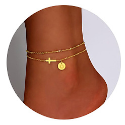 Letter O Браслеты на ногу из латуни с боковыми поперечными связями и плоскими круглыми начальными подвесками, золотые, Письмо O, 7-7/8 дюйм (200 мм)