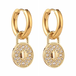 Golden Padlock Brass Micro Pave Cubic Zirconia Dangle Earrings, with 304 Stainless Steel Ear Hooks, Golden, 31mm, Pin: 1mm
