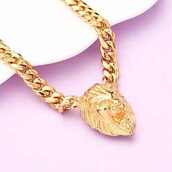 Настоящее золото 18K 304 кулон в виде головы льва из нержавеющей стали с кубинской цепочкой, ионное покрытие (ip), реальный 18 k позолоченный, 23.90 дюйм (60.7 см)