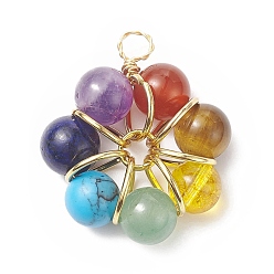 Light Gold 7 подвески из медной проволоки с драгоценными камнями чакр, цветочные амулеты из смешанных камней, золотой свет, 32.5x28x10 мм, отверстие : 4 мм
